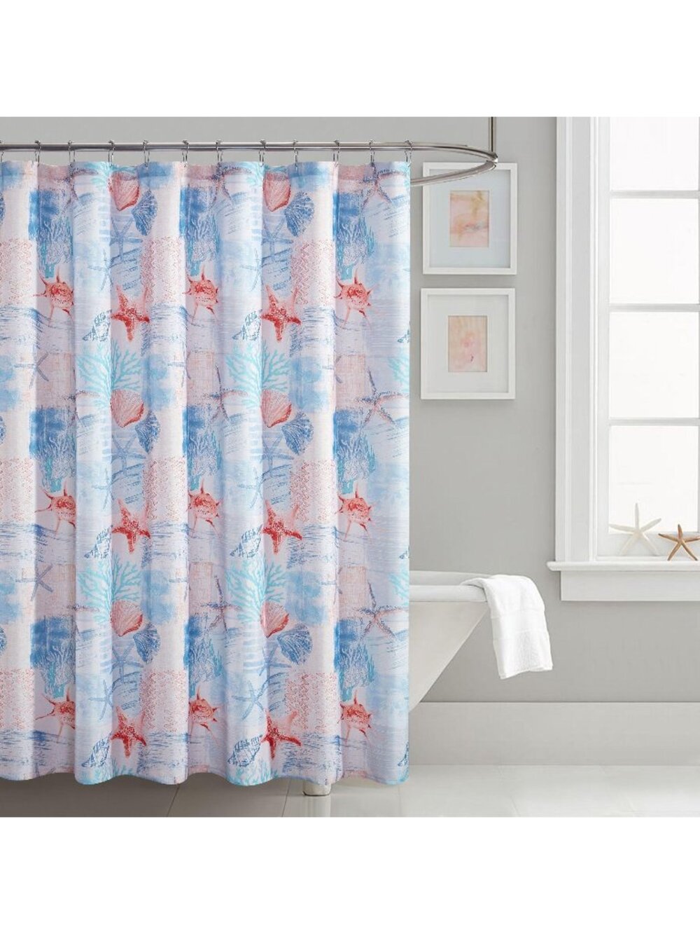 Shower Curtain Fabric Coastal Starfish Seashell Coral Blue Print 70" X 72"